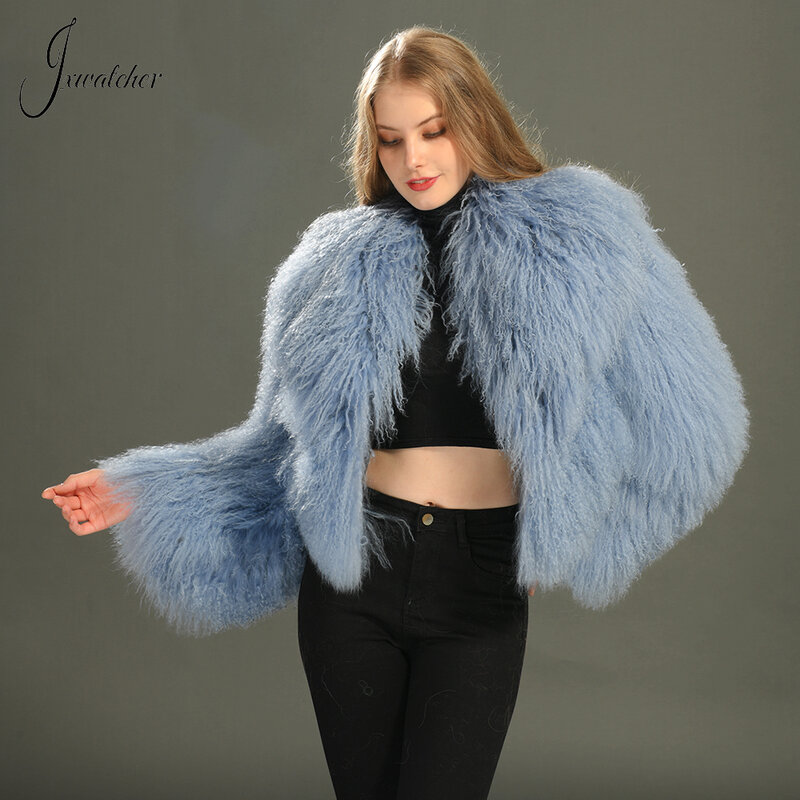 Пальто Jxwatcher из монгольского меха, женское короткое пальто с большим отложным воротником из натурального меха, зимняя женская модная теплая пушистая куртка для женщин на осень