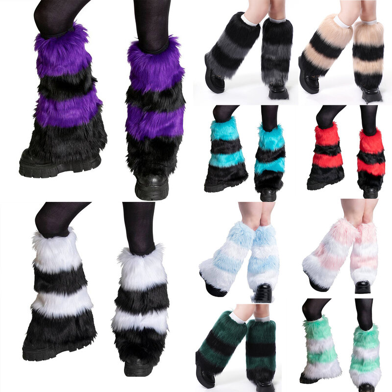Women Faux Fur Leg Warmer Contrast Color Stripe Pattern Warmer Boot Cuff Stockings for Winter