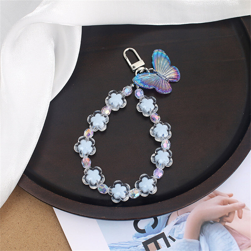 Candy Color Crystal Flower Butterfly Keychain Bag Backpack Pendant Phone Case Charm Decor Kpop Key Holder Jewelry Accessories