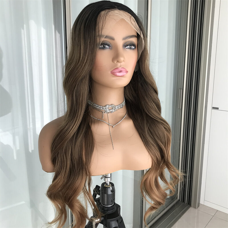 Long Body Wave Highlight Lace Front Wig 13x4 Lace Front Wig with Baby Hair Synthetic Brown Wavy Wigs for Women Brown Lace Wig
