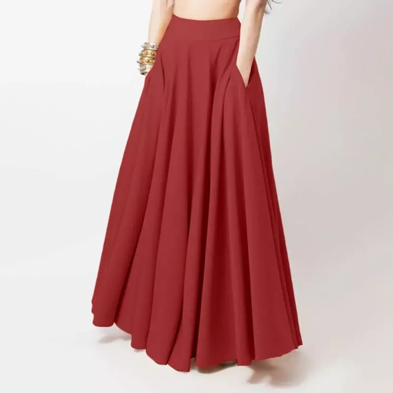 Letnia damska Oversized Swing spódnica z wysokim stanem modna jednolity kolor elegancka wakacyjna spódnica z długim półciałem
