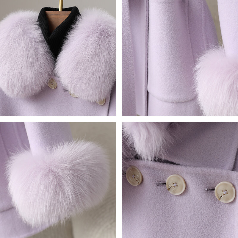 Abrigo Reversible de lana de doble cara para mujer, abrigo de Cachemira con cuello de piel de zorro, longitud media, estilo social Simple, 2023