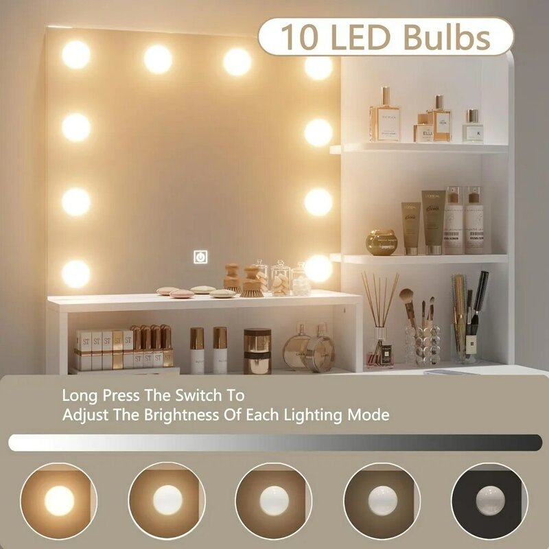 LEDライトミラー付きバニティデスク,鏡付き家具,バニティテーブルセット,明るさ調節可能,6つの引き出し,3色の照明モード