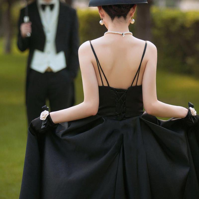 فستان سهرة بدون ظهر مع أشرطة السباغيتي ، مثير الخامس الرقبة ، فساتين طويلة سوداء ، الساتان ، موضة بسيطة ، جديدة