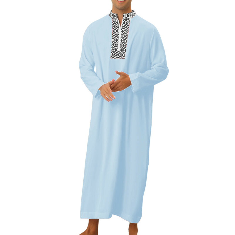 Traje muçulmano casual masculino, confortável, estilo solto, manga longa, padrão xadrez estampado, camisas de bolso, roupa de roupão longo