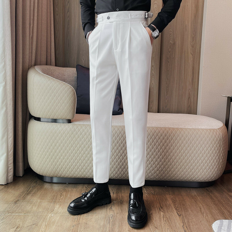 Celana setelan เอวสูงสำหรับผู้ชายกางเกงลำลองธุรกิจสีทึบกางเกงอเนกประสงค์ชุดเดรสลายดอกไม้งานแต่งออฟฟิศ38