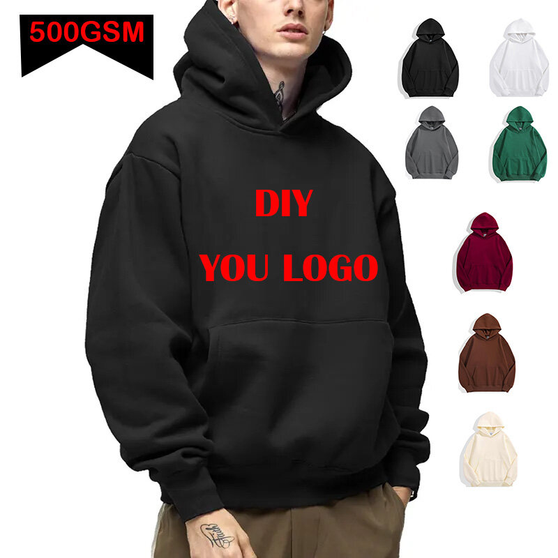 DIY Custom LOGO merek anda 500GSM berat baru musim gugur musim dingin kasual katun tebal Atasan Pria warna Solid hoodie Sweatshirt