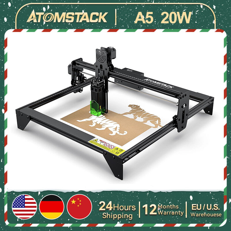 AtomStack A5 20W CNC 레이저 타각기, 업그레이드 고정 초점 조각, 목재 플라스틱 금속 DIY 프로파일 러, 410x400mm