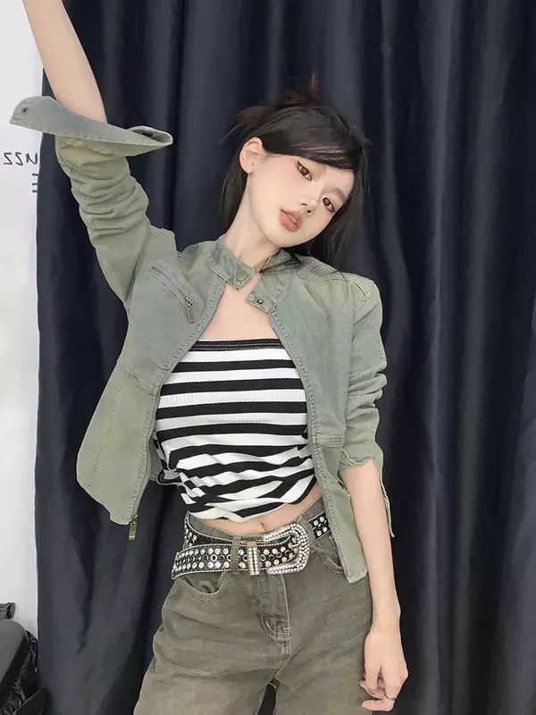 Vintage Jeans jacken Damen bekleidung Ropa Mujer Stand Hals schlanke Taille Reiß verschluss Y2k Tops Casual Fashion koreanischen Mantel