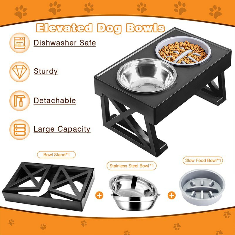 Dog Double Elevated Bowls Stand 3 Adjustable Height Pet Slow Feeding Dish Bowl Medium Big Dog Elevated Food Water Feeders Table