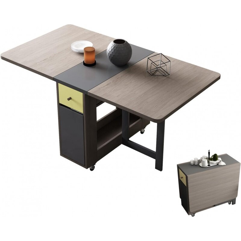 Klappbarer Esstisch mit Ablage fach und 2 Schubladen, beweglicher Küchentisch ausziehbarer vielseitiger Tisch platzsparend faltbar