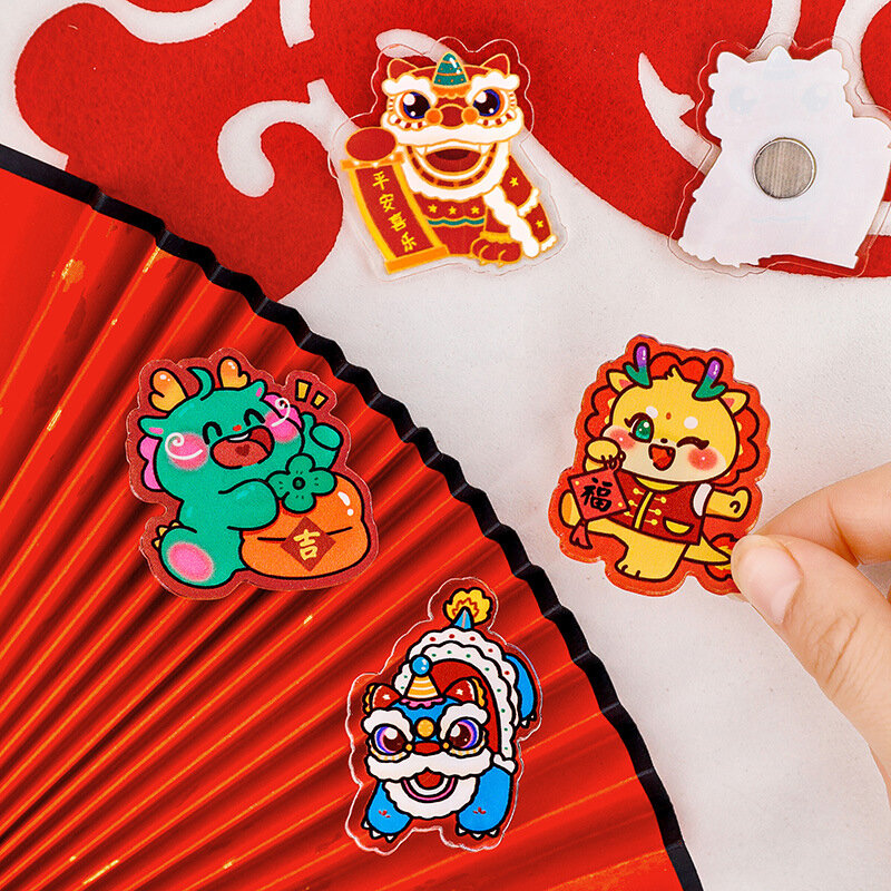 4 buah kartun lucu Festival Musim Semi berkat hadiah kecil magnet kulkas kulkas magnetik gaya Cina dekorasi rumah