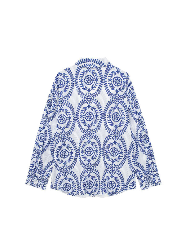 TRAF-Blusa vintage oca para mulheres, mangas compridas, camisas casuais, de peito único, bordadas, nova moda chique