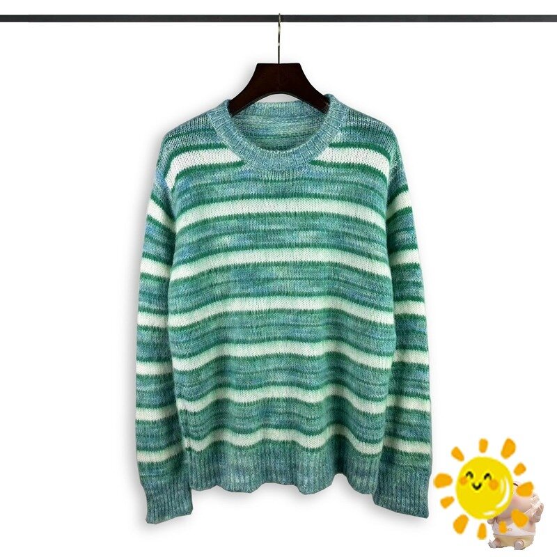 24SS High Quality Heavy Fabric Stripe Knit Mohair Sweater Crewneck Men Women Sweatshirts