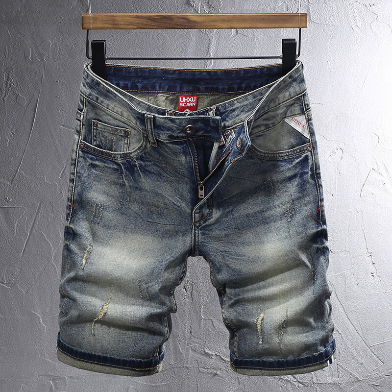 Jeans sobek pas badan untuk pria, celana Denim Retro biru elastis, celana Jeans pendek musim panas kasual Vintage