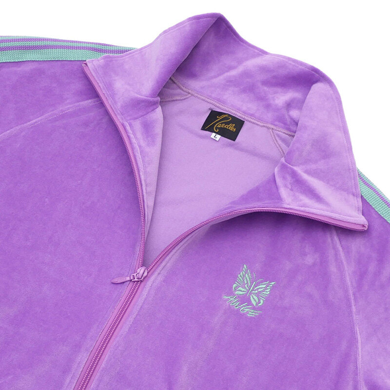 Purple Butterfly Embroidery Needles AWGE Velvet Jacket Men Women Casual Fashion Stripe Coats High Quality Gray Outerwear