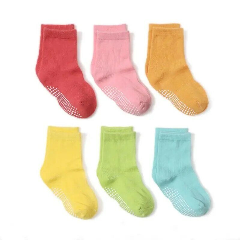 6 Pairs/lot Cotton Sock with Rubber Grips Children's Anti-slip Boat Socks for Boys Girl 1-7 Years