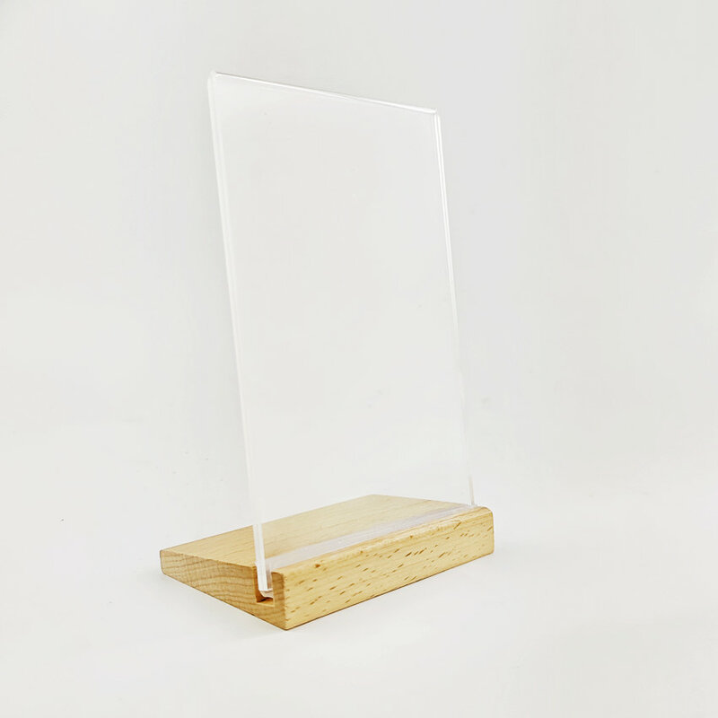 10 pezzi di plastica acrilica L Stand Frame Display Card etichetta segno Base in legno supporto da tavolo promozione pubblicitaria