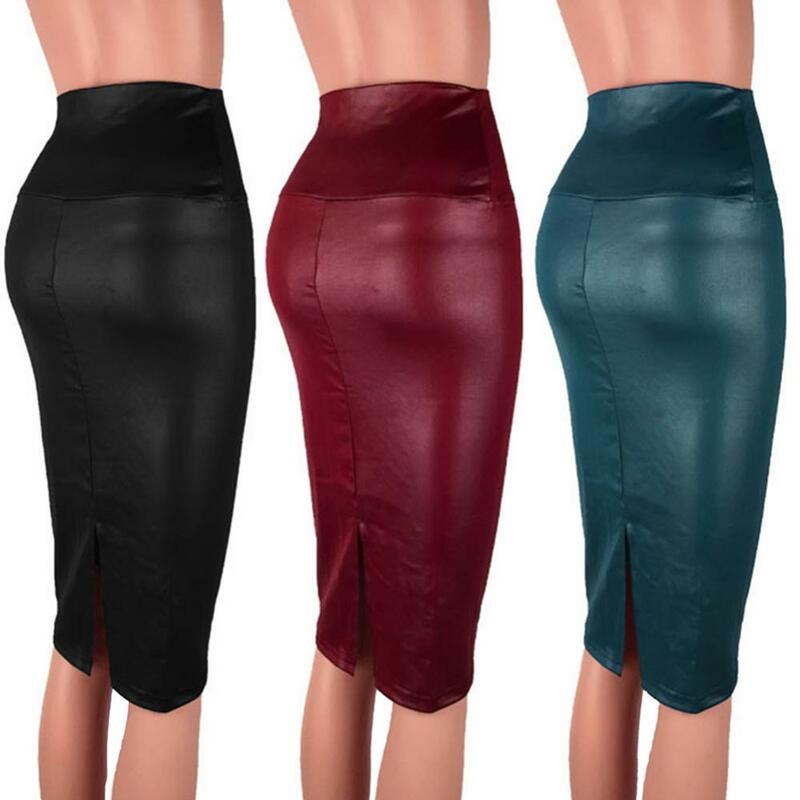 Fashion Elegant High Waist Split Faux Leather Skirt Women Knee Length Bodycon Pencil Skirt