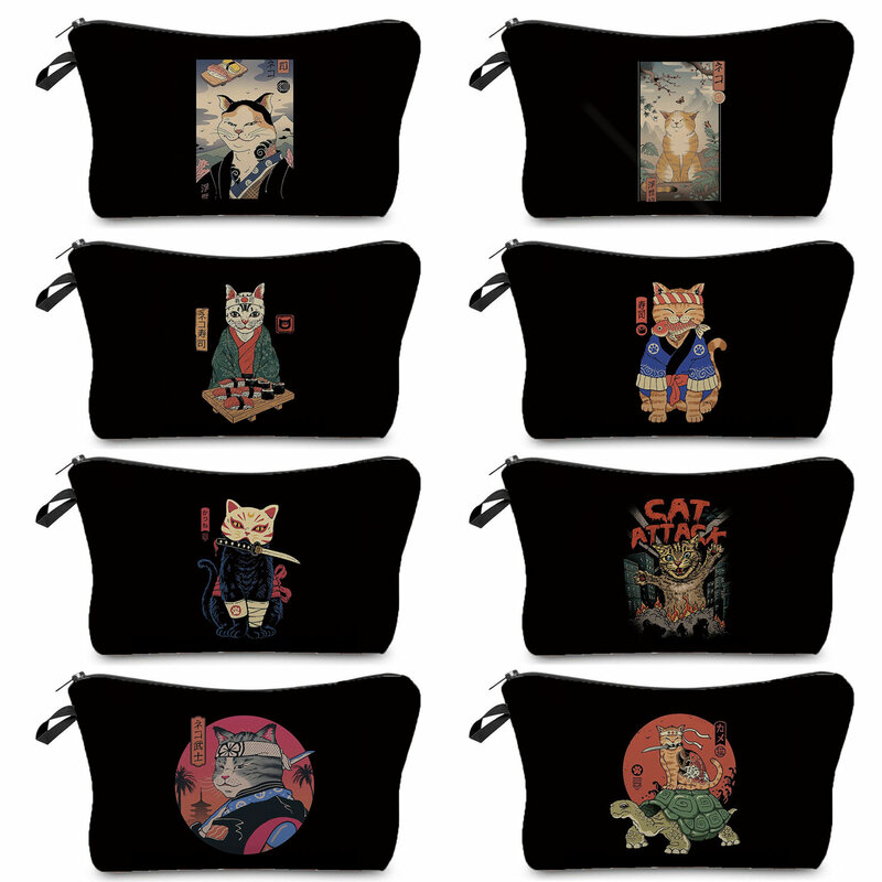 Women's Cosmetic Bag Japanese Style Cute Animal Anime Cat Print Customizable Travel Toiletry Bag With Zipper Makeup Bags Fashion