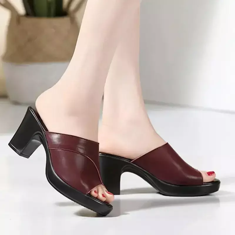 Women Summer New High-heeled Waterproof Platform Sandals Female Thick-heeled Slippers Bright Leather Solid Color Casual Shoes