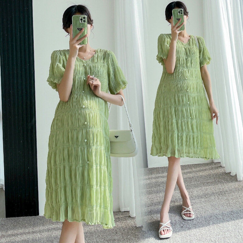 Vestidos de maternidad de gasa con textura para mujeres embarazadas, ropa de verano con cuello en V sólido, verde fresco, suelto, 2022