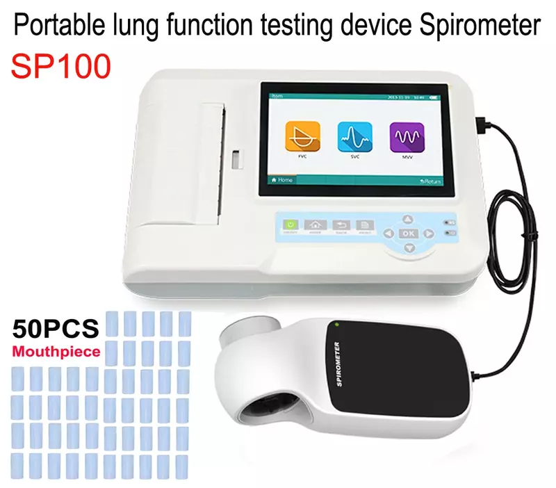 Espirómetro Digital SP100, dispositivo de diagnóstico de respiración pulmonar con pantalla táctil de 7 pulgadas, FVC, VC, SVC, MVV, 50 boquillas de piezas