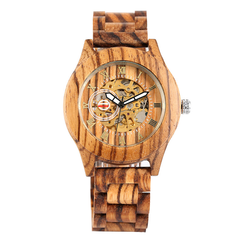 No Battery Fashion Mechanical Wooden Watch for Men, Mechanical Movement Wooden Strap Men's Watch for Father's Day, Birthday