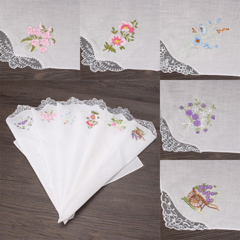 6 pçs vintage algodão bordado flor laço floral hankies lenço feminino