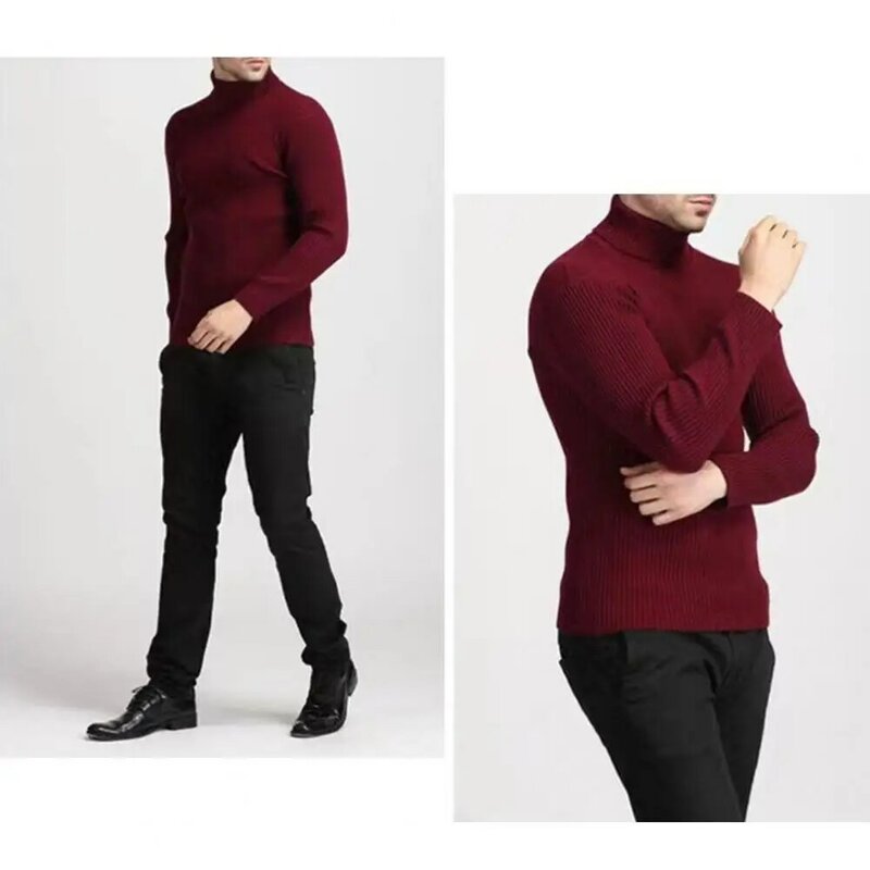 Męski sweter z golfem w jednolitym kolorze męski sweter z dzianiny ciepłe, jesienne zimowy jednolity kolorowy pulower z dopasowanym prążkiem dla mężczyzn
