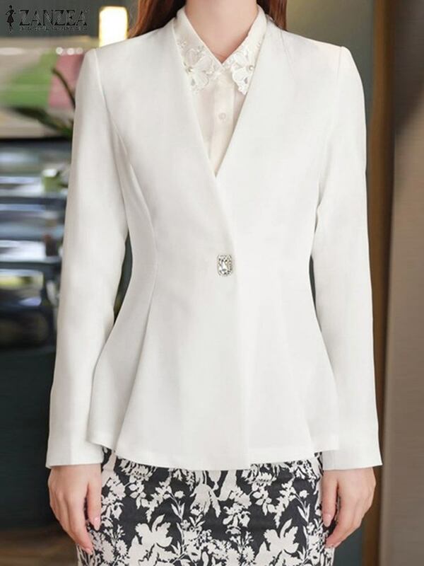 Женский офисный костюм ZANZEA, осень 2023, Женский блейзер, повседневная однотонная Элегантная куртка с V-образным вырезом, винтажная плиссированная верхняя одежда с длинным рукавом