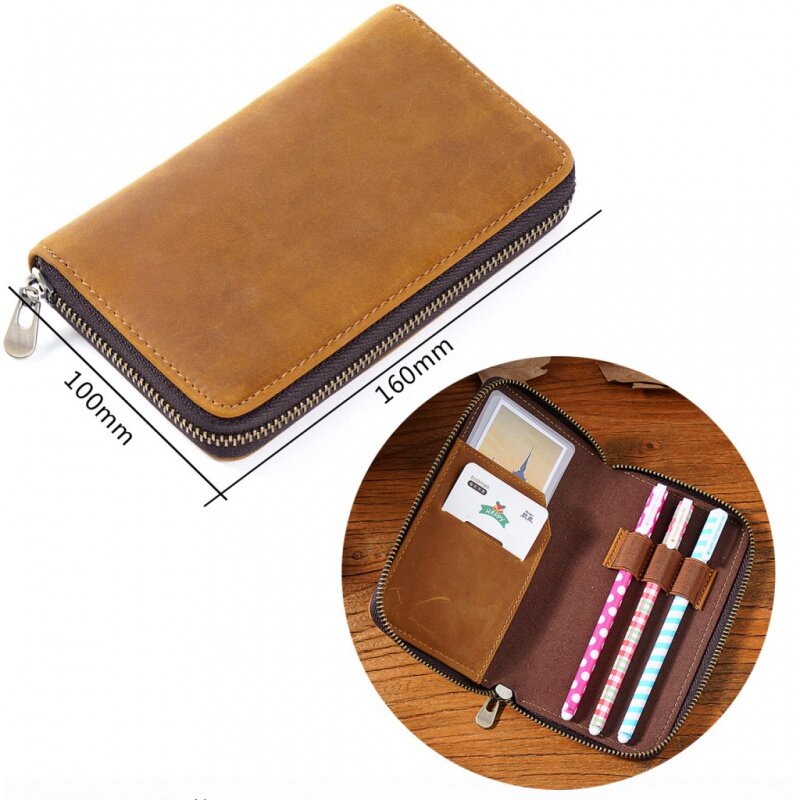 GENODERN First Layer Leather Pencil Case Zipper Pen Storage Bag plus-Sized Capacity Bill Stationery Box Pencil Case