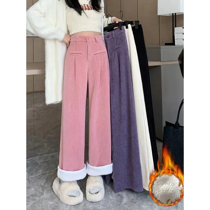 Ciepła aksamitna podszewka na co dzień gruba pluszowa spodnie z wysokim stanem zimę zagęszczona szeroka nogawka spodnie sztruksowe koreańskich kobiet odzież na śnieg pantalonów