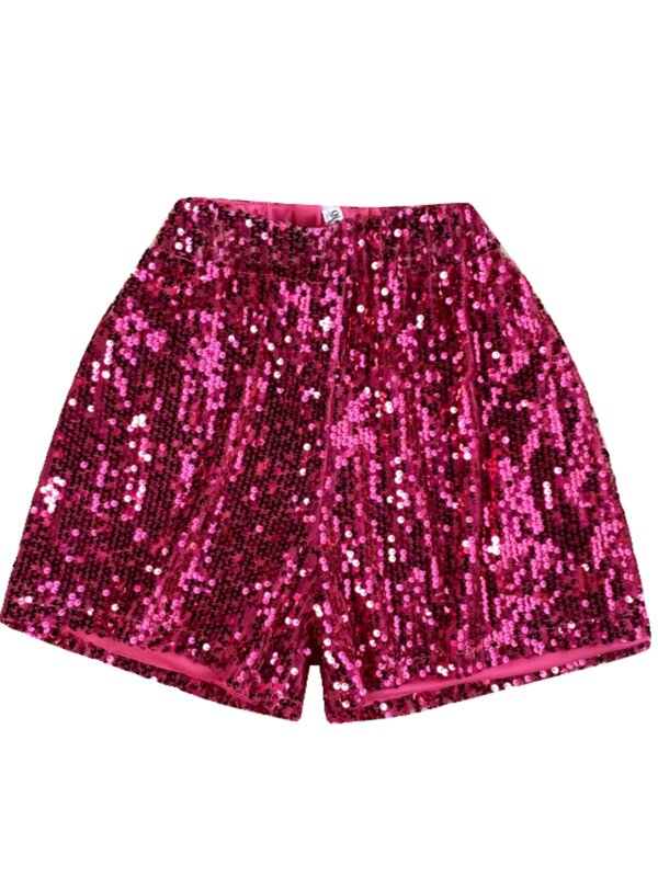 Shorts de cintura alta com lantejoulas brilhantes, moda feminina, calça quente que tudo combinando, shorts monocromáticos, verão, 2024