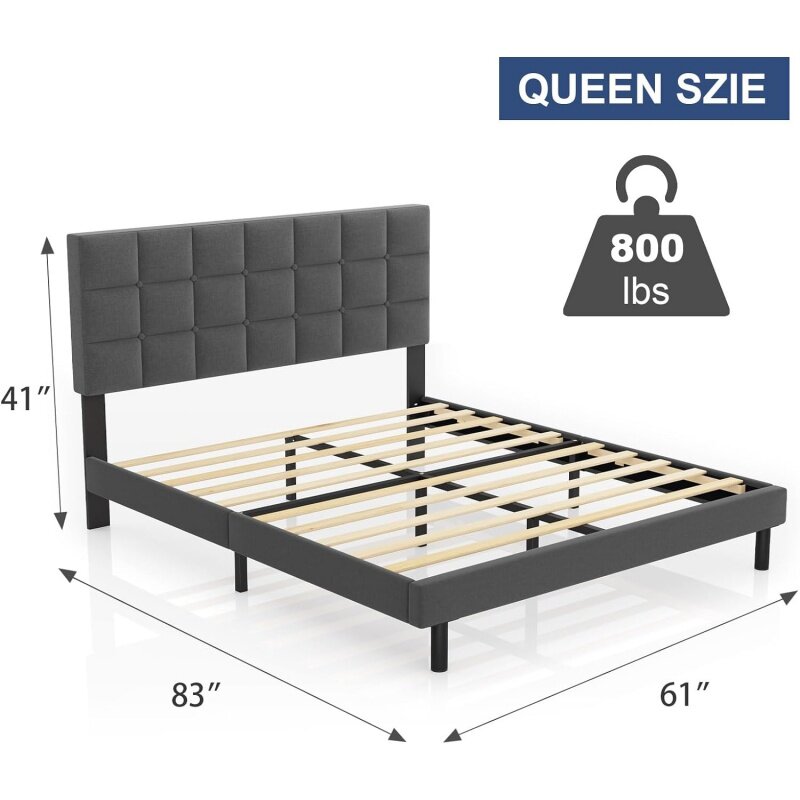 إطار سرير Molblly-queen ، منصة منجدة مع لوح أمامي وشرائح خشبية قوية ، مانعة للإنزلاق وخالية من الضوضاء ، بدون صندوق ، للربيع