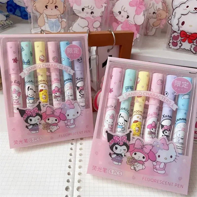 6Pcs/box Sanrio Hello Kitty Highlighter Pen Set Kawaii Kuromi Melody Cinnamoroll Art Fluorescent Markers Pens School Stationery