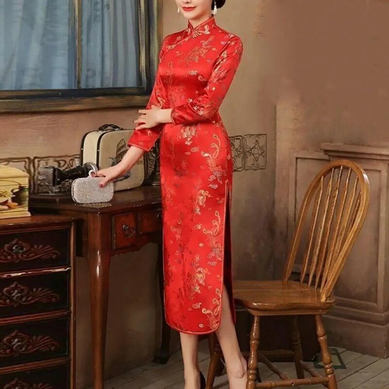 Comfortable Cheongsam Dress Elegant Chinese Style Women's Cheongsam Classic Long Slit Dress for Weddings Parties Evening Events