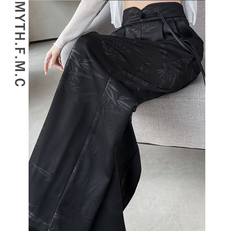 New Chinese Style Satin Jacquard Wide Leg Pants Women 2024 Spring and Summer New High-waisted Slim Casual Sweatpants Vintage