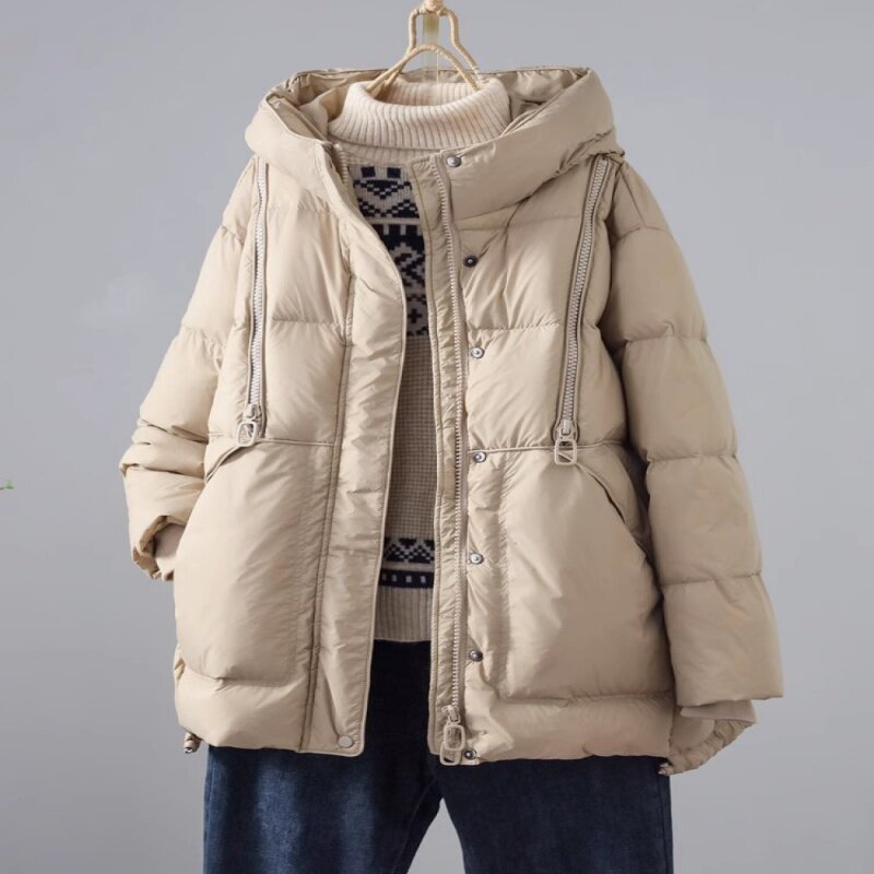 2023 New Winter Fashion Mid-Length White Duck down Loose Hooded Thickened Thermal High-End Casual down Jacket Women's Coat