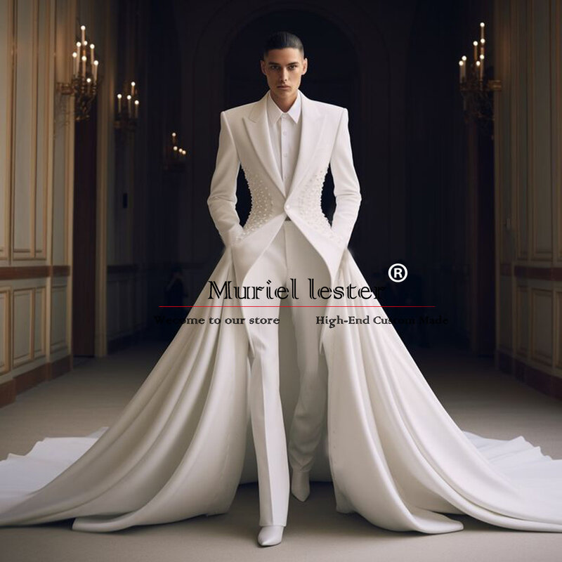Groom Wedding Tuxedos Elegance Pearls Beading Prom Blazer Long Tailored Coat Pants Cape 3 Pieces Suit Men Banquet Male Clothing
