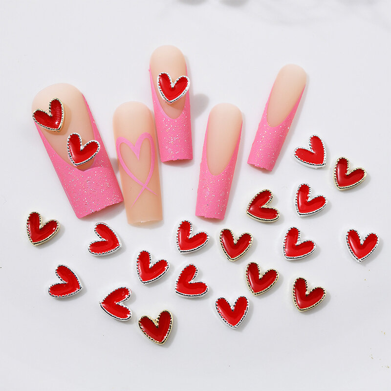 10Pcs 3D Red Alloy Nail Art Charms Drip Oil Heart Metal Edging decorazione per unghie accessori per unghie fai da te