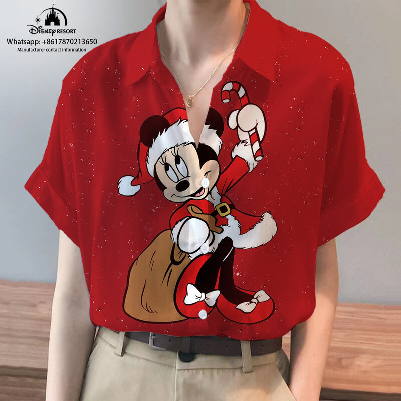 Новинка 2024, Рождественская рубашка с коротким рукавом из аниме «Микки и Минни», летние модные повседневные женские топы в уличном стиле Disney, y2k