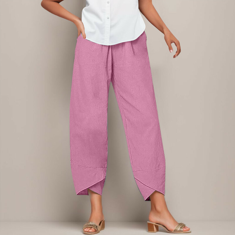 กางเกงขายาวทรงหลวมเอวสูงสำหรับผู้หญิงกางเกงแฟชั่นสีล้วนมีเชือกรูดสำหรับฤดูใบไม้ผลิฤดูร้อน
