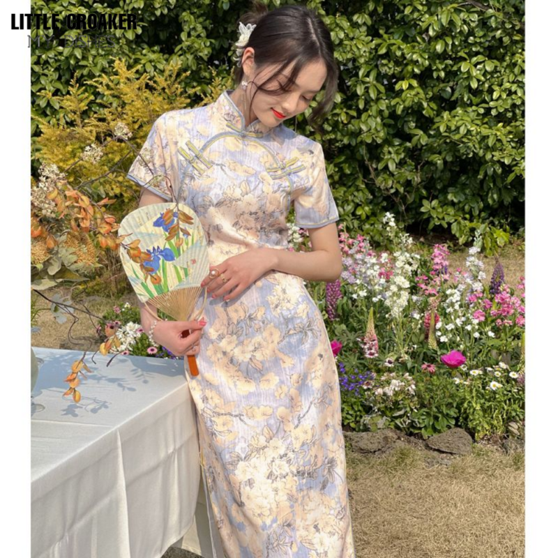 Wild Mountain Tea Beauty Bone Retro Chinese Improved Ink Printing Long Qipao with Gentle Temperament and Slim Waist Young Style
