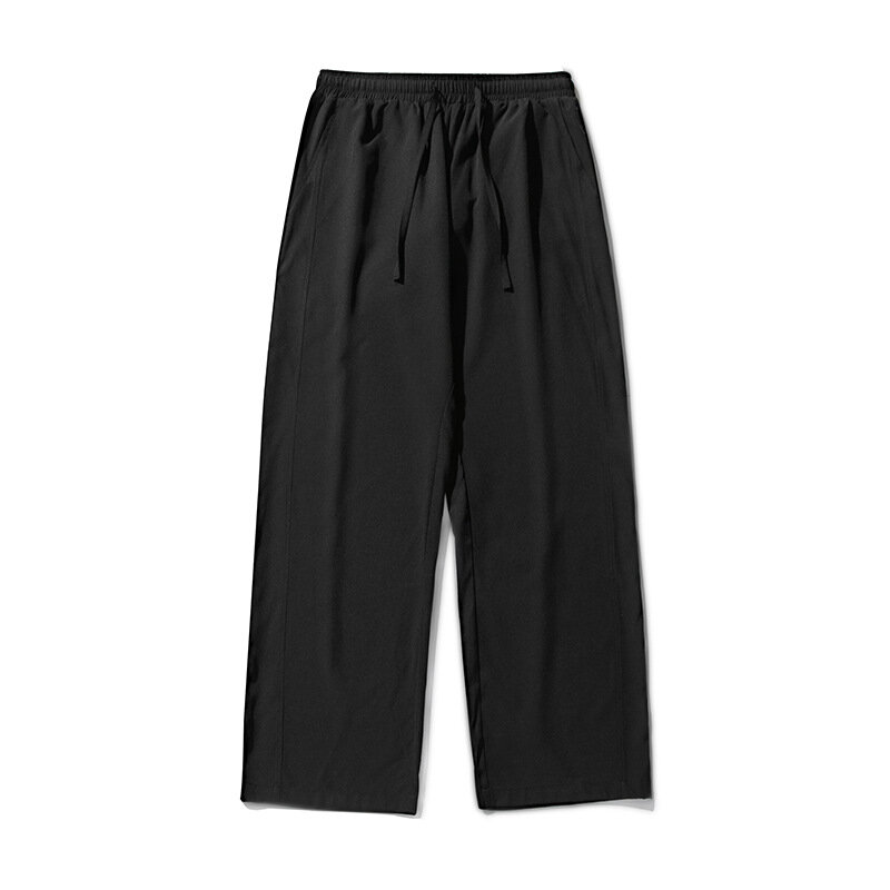 Celana Jogger serbaguna pria, celana panjang gantung pinggang elastis sederhana warna polos lurus longgar kasual sutra es musim panas