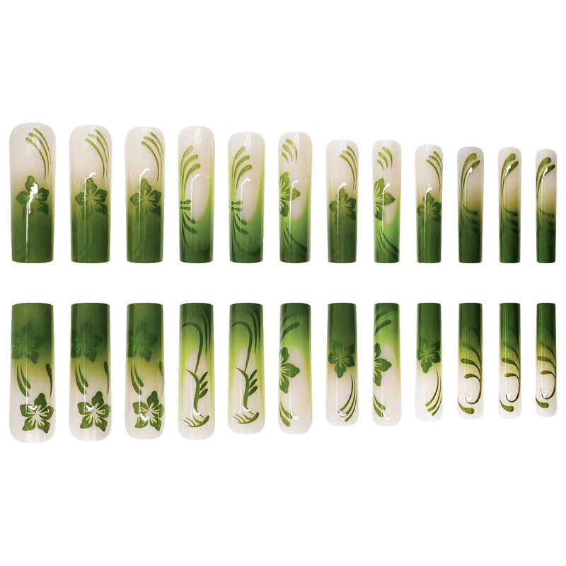 24pcs Long Ballet Press on Nails Gradient Green Spring Flower Pattern unghie finte patch unghie finte indossabili in stile giapponese