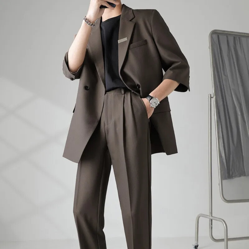 Conjunto elegante de jaqueta coreana, casaco e calça de lazer, streetwear de lazer, sólido 2 peças, conjunto LE79Jacket