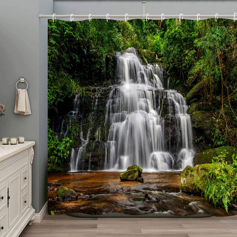 모던 3D 포레스트 샤워 커튼, 열대우림 폭포 강 자연 풍경, 정글 정원 폴리에스터 원단, 욕실 장식 커튼