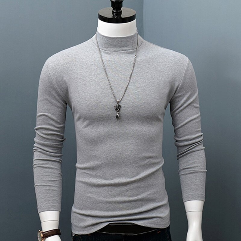 Camiseta de gola alta manga comprida masculina, fina, respirável, fina, fina, camisa base quente, cor sólida, absorção de suor, casual, alta qualidade