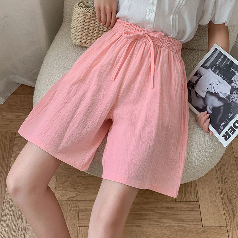 Soft Cotton Linen Shorts Pants for Women Summer Breathable Wide Leg Shorts Casual Elastic Waist Loose Shorts with Pockets